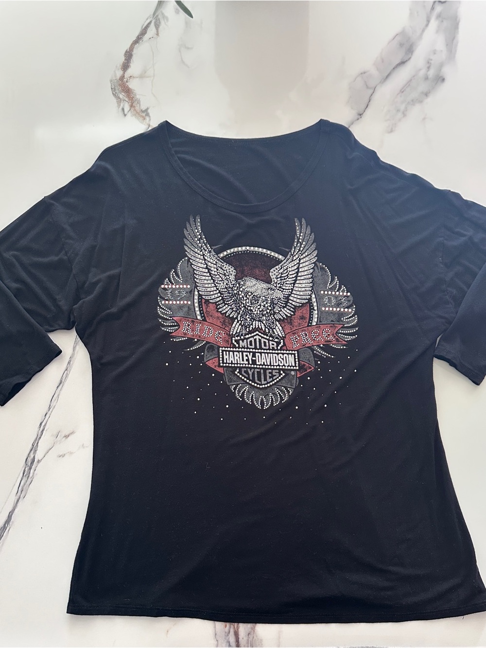 Harley-Davidson Black Long-Sleeve Eagle Shield Graphic Tee with Red Accents